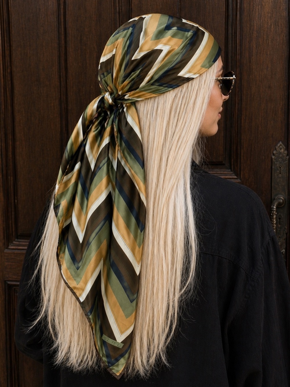 Vintage 70s Echo Chevron V Print Silk Scarf Earthy Brown Green Gold Navy retro
